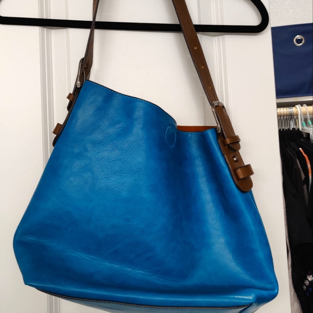 Blue Faux Leather Tote